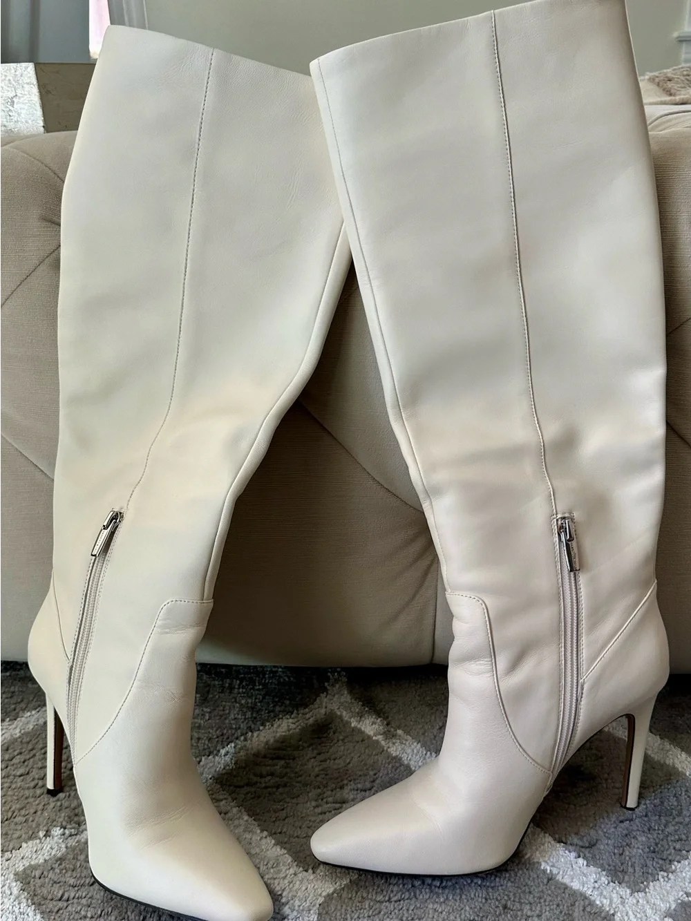 Vince Camuto Cream Over-the-Knee Pointed-Toe Stiletto Boots with Side Zip